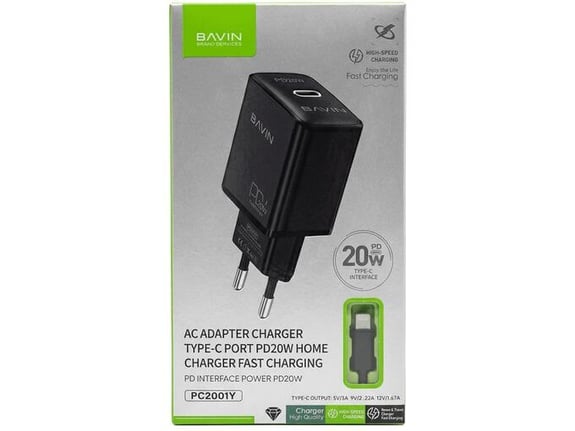 Bavin punjač 20W PD type C + kabl type Lightning crna