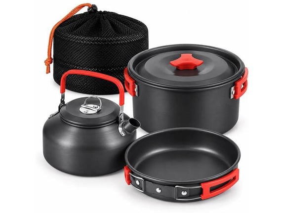 Set posuđa za kampovanje, sklopivi, aluminijum, sivi sa crvenim detaljima