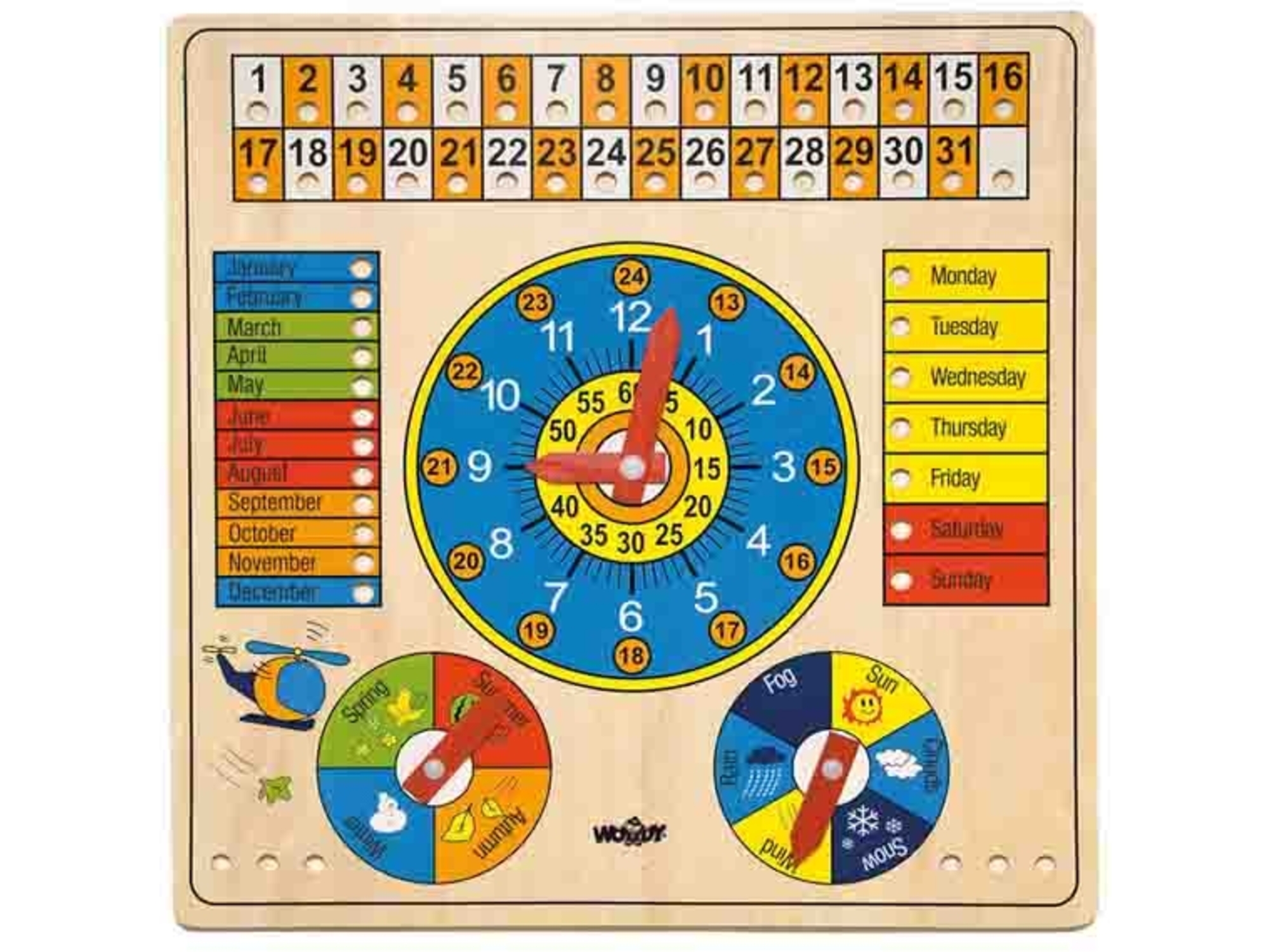 Woody Drveni kalendar, sat, godišnja doba, dani u sedmici - Engleski 90659