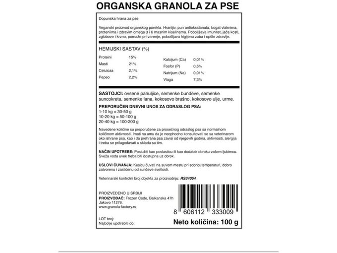 Granola Factory Organske granole za pse 50/1 100gr