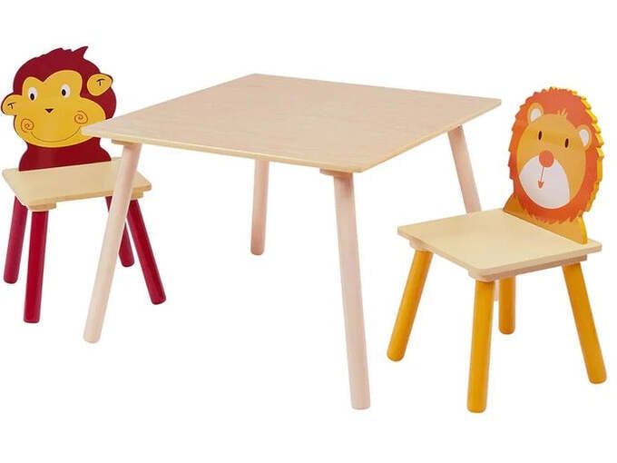 Kinder home Dečiji drveni sto sa 2 stolice, set - za učenje, igru, crtanje, jelo - ŽIVOTINJE