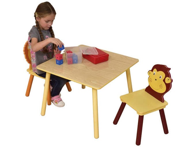 Kinder home Dečiji drveni sto sa 2 stolice, set - za učenje, igru, crtanje, jelo - ŽIVOTINJE