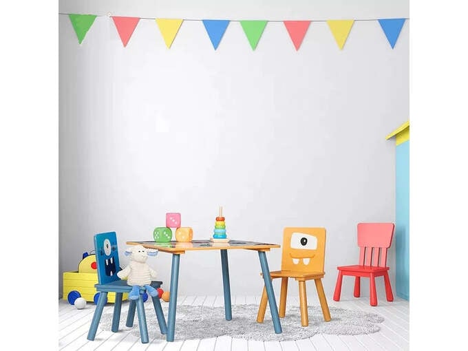 Kinder home Dečiji drveni sto sa 2 stolice, set - za igru, crtanje, jelo - DUHOVI