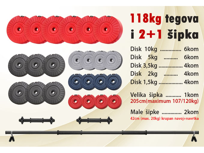 Iron Sport Tegovi i šipke (tegovi 118kg i 2+1 šipka) / Set tegova 118kg sa 2+1 šipkom