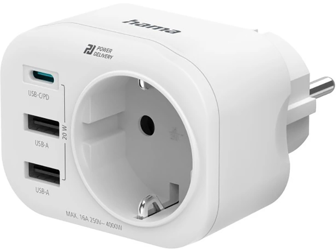 Hama Strujni adapter 1xUSB-C, 2x USB-A 1x uzemlj. 20W PD