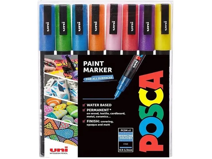 Uni Set PC-3M Posca 0.9-1.3mm 8 kom sa šljokicama