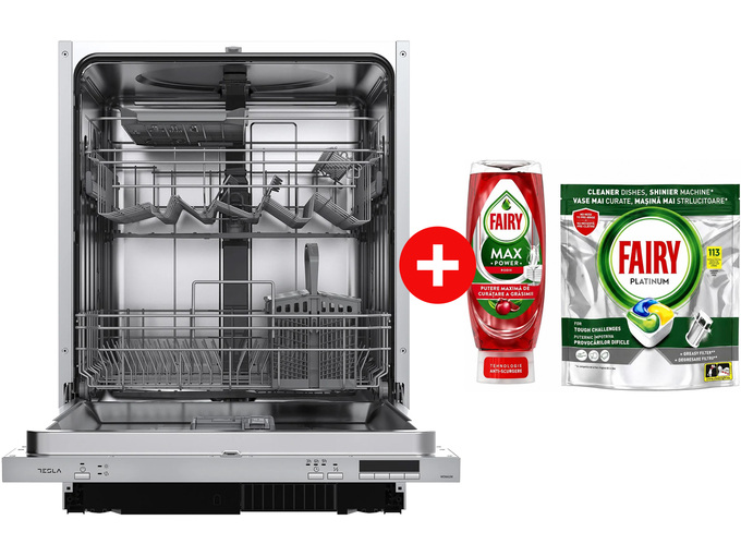 Tesla Ugradna mašina za pranje sudova WDI662M +
Fairy Kapsule za pranje sudova Platinum 113 kom + Fairy Tečni deterdžent Max power Pomegranate 545ml