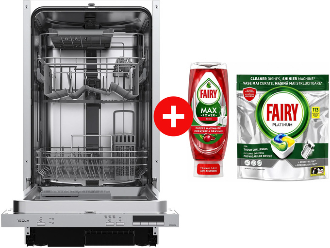 Tesla Ugradna mašina za pranje sudova WDI462M +
Fairy Kapsule za pranje sudova Platinum 113 kom + Fairy Tečni deterdžent Max power Pomegranate 545ml