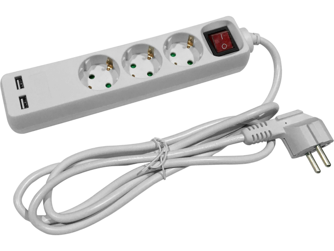 Entac Produžni kabl sa prekidačem trostruki 3m + 2 USB