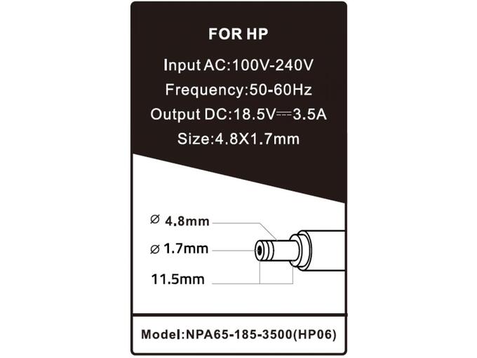 Gembird Punjač za laptop 65W-18.5V-3.5A, 4.8x1.7mm (860) NPA65-185-3500 (HP06)