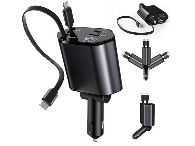 Auto punjač C1 4u1 PD 3A, USB 24A 120W total sa Type C/lightning kablom