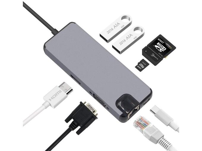 Adapter Type C na RJ45 LAN HDMI VGA 2xUSB 3 0 PD SD microSD 8u1 JWD TC32