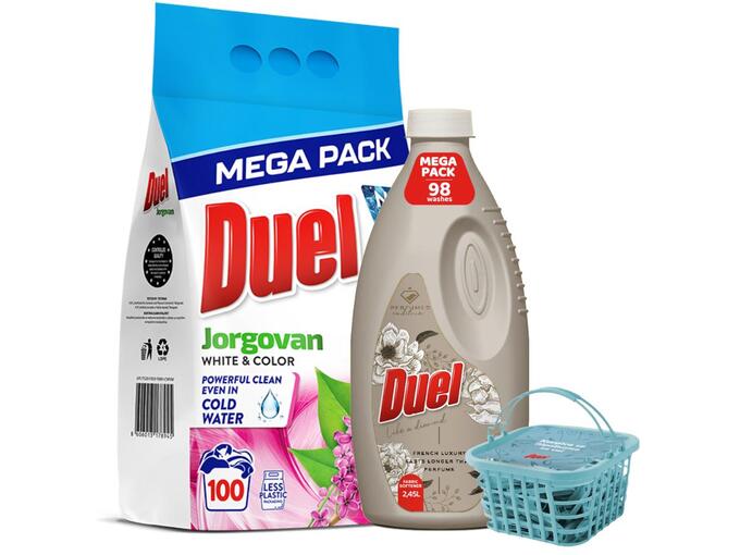 Duel Praškasti deterdžent Jorgovan 9kg + Omekšivač Like a diamond 2,45l +Poklon kutija sa štipaljkama