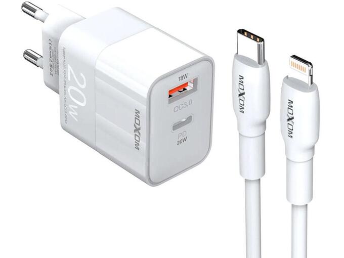 Kucni punjac Moxom MX-HC134 Fast Charge QC 18W PD20W sa kablom Type-C na iPhone Lightning beli