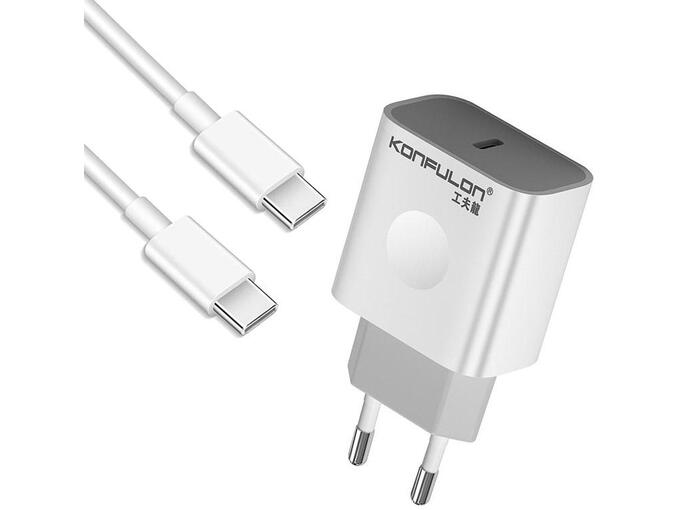 Kucni punjac KONFULON Joko C69D+DC15 PD20W sa kablom Type-C na Type-C beli 1m