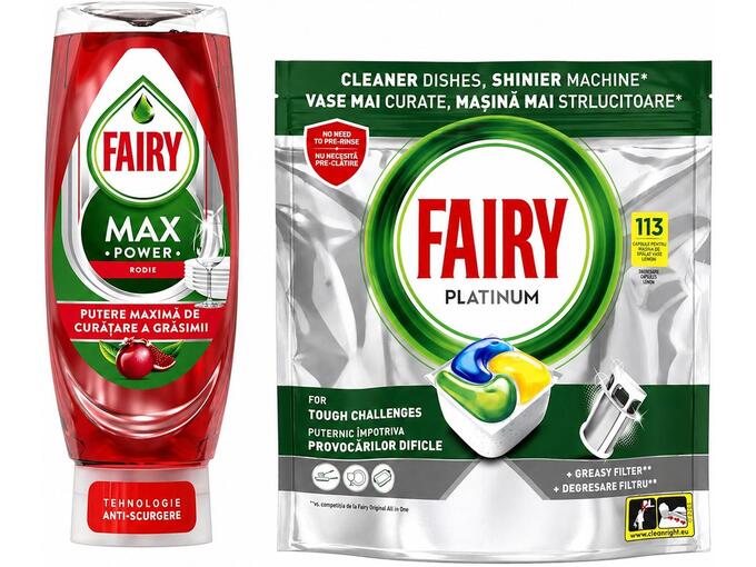 Fairy Kapsule za pranje sudova Platinum 113 kom + Fairy Tečni deterdžent Max power Pomegranate 545ml