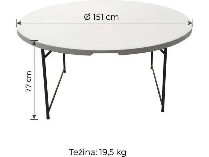 Okrugli sklopivi sto, 151 cm, visina 77 cm, Za 10 osoba